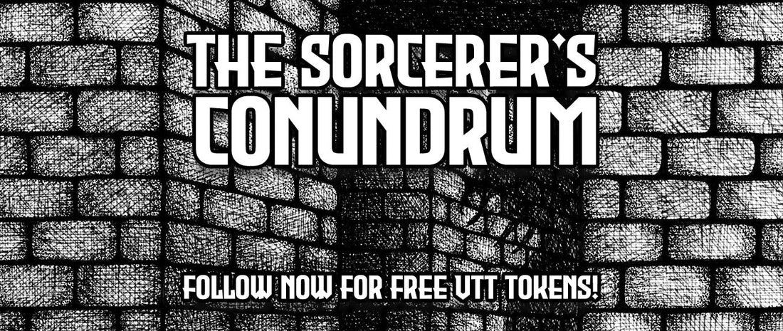 A dark maze with the shadow of a mysterious creature, as well as "The Sorcerer's Conundrum" and the "Compatible With DCC RPG" logo superimposed on top.