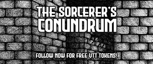 A dark maze with the shadow of a mysterious creature, as well as "The Sorcerer's Conundrum" and the "Compatible With DCC RPG" logo superimposed on top.