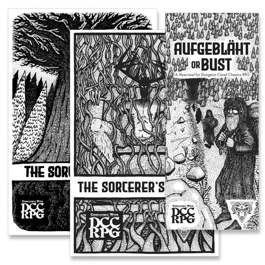 Black and white illustrations of fantasy-themed books and game materials.